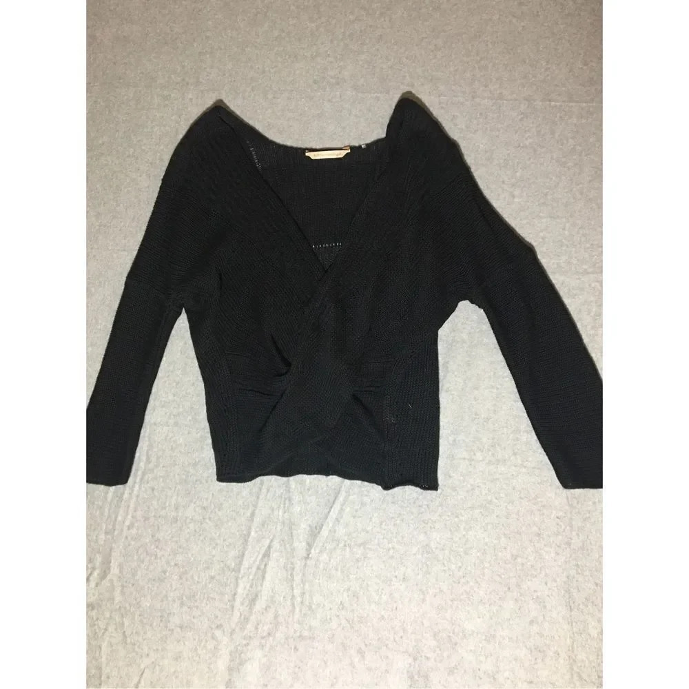 Womens Soft Surroundings Sweater Size Small Black Lowcut Twist Front Lightweight